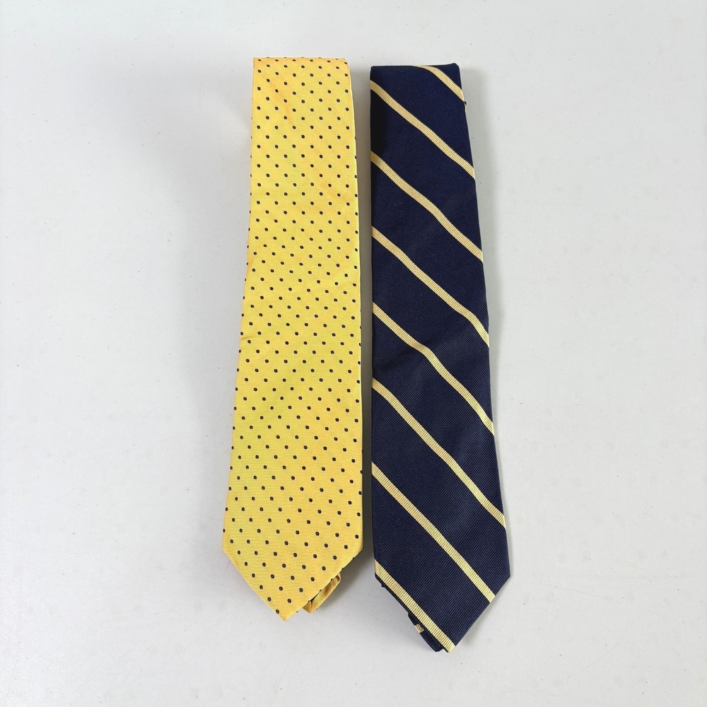Brooks Brothers 346 Necktie Yellow Navy Polka Dot Stripe Silk Lot of 2
